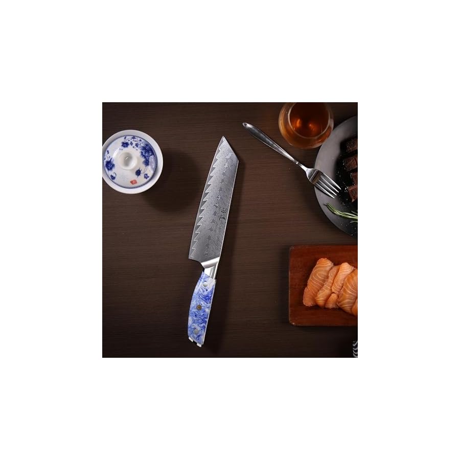 8-Inch-Kiritsuke-Chef-Knife-Kitchen-Slicing-Knife-Forged-Damascus-Steel-with-Blue-and-White-Resin-Handle-Full-Tang-HUA-Series 8 Inch Kiritsuke Chef Knife, Kitchen Slicing Knife Forged Damascus Steel with Blue and White Resin Handle - Full Tang - HUA Series