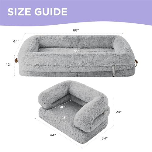 LE SURE Foldable Human Dog Bed - 3 in 1 Flexible Giant Human Dog Bed for Adult People with Supportive Bolster Egg Foam, Waterproof Liner, Calming Fluffy Faux Fur Orthopedic Big Bean Bed, Light Grey