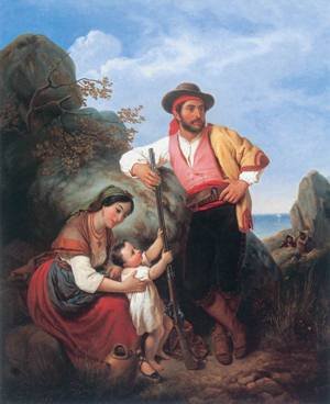 Peinture à l'huile tableau ancien de collection Resting Family 1850 Kovacs 30x36