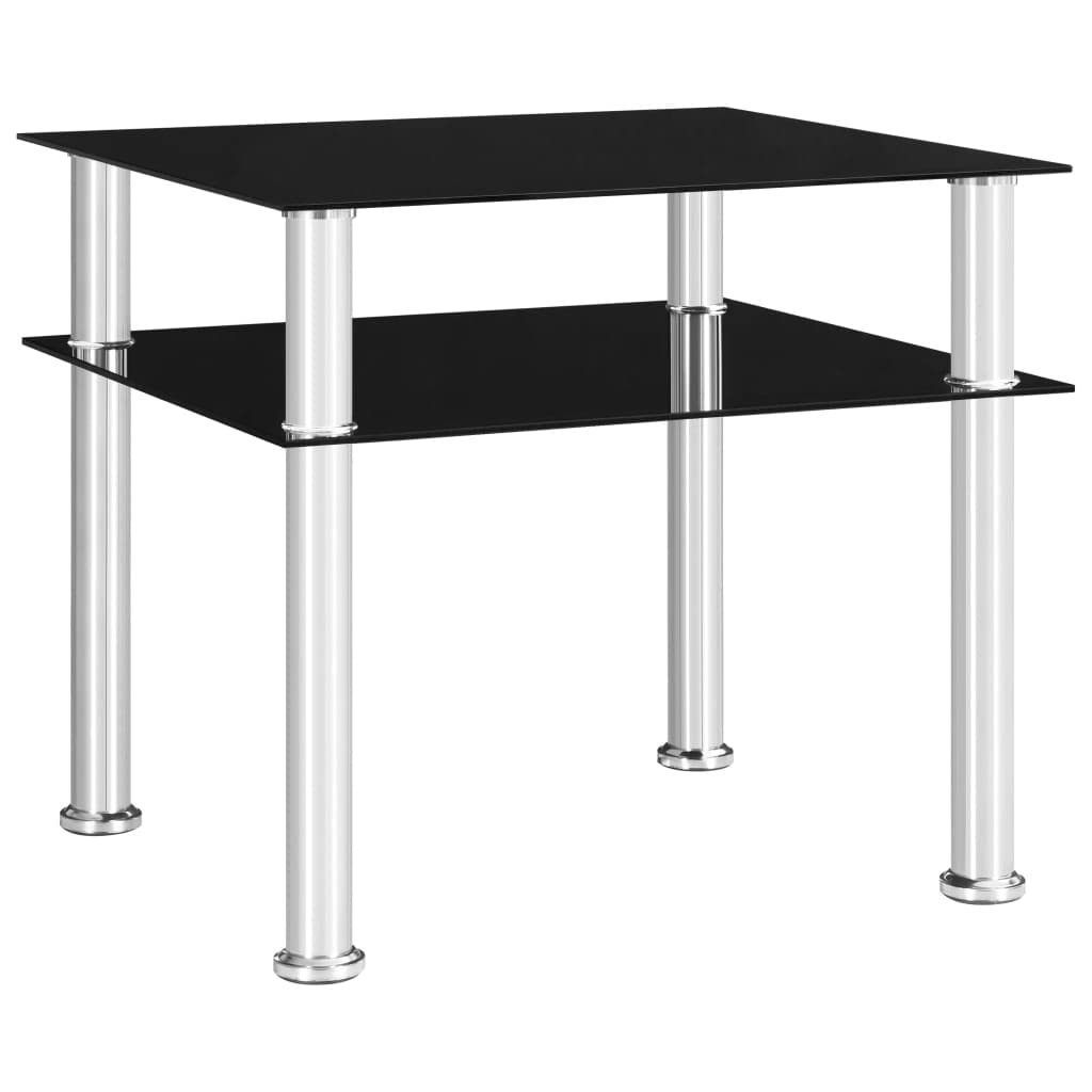 Beistelltisch Schwarz mit Hartglasplatte und Edelstahlbeinen 45x50x45 cm, Ablagetisch für Wohnzimmer Schlafzimmer Balkon, Stabiler Couchtisch mit Ablagefach für Bücher Lampe Getränke