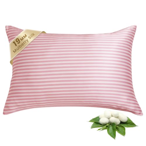Image of THXSILK Mulberry Silk Pillowcase for Hair and Skin Health, Grade 6A+ Mulberry Silk Pillowcase with Hidden Zipper, Soft and Breathable, 1pc (King 20 inchx36 inch, Pink White Stripes)