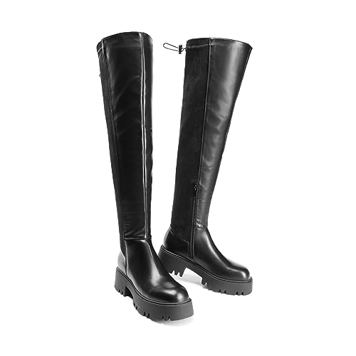 DREAM PAIRS Women's Platform Over The Knee Boots Lug Sole Round Toe Thigh High Long Chunky Block Heels Fall Boots,Size 8,Black-Pu/Suede,SDOB2309W