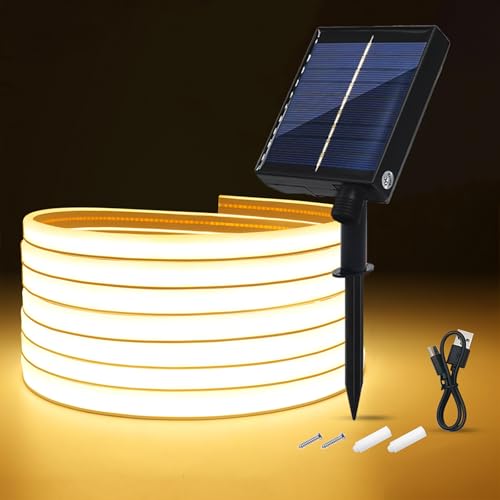Wisada 24V Solar LED Streifen 8 Modi Lichtband Außen Neon Lichterkette Neon Stripe Cuttable 5cm 320LEDs/m Superheller COB LED Band für Terrasse Innenhof(Warmweiß1m)