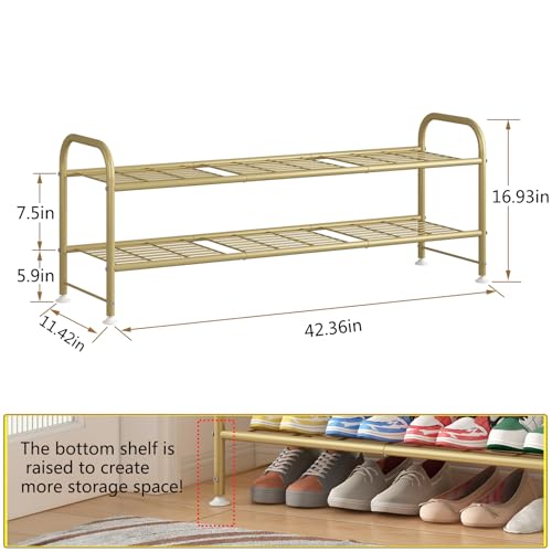 Image of LINZINAR Shoe Rack Long 2 Tier Shoe Storage Organizer Metal Wide Shoe Shelf for Closet Entryway Bedroom 18 Paris Large Capacity, Gold