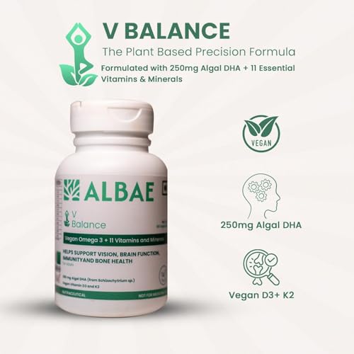 Image of Albae V-Balance | 250mg Algal DHA Omega-3 + 11 Essential Vitamins & Minerals | Targeted Nutrition for Vegetarian & Vegan Diets | Vitamin D3, K2, Calcium, B12 & Iron | 120 Lemon-Scented Softgels