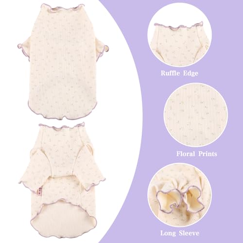 Yaopelky Haustierkleidung für kleine und mittelgroße Hunde und Katzen, Gänseblümchen-Aufdruck, langärmlig, Rüschen, Welpenkleidung, Hunde-Pyjama für Chihuahua, Shih Tzu, Yorkie (Lila, XL)