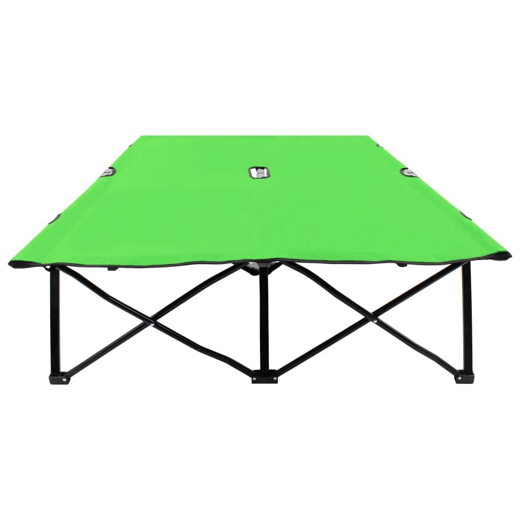 Chaise longue pliable 2 places vert acier 240kg Camping lit de camp double extérieur robuste pliant transportable avec cadre acier antirouille et tissu polyester 600D jardin plage randonnée