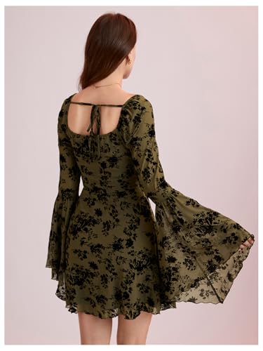 Image of WDIRARA Women's Floral Jacquard Mesh Gothic Dress Bell Long Sleeve A Line Vintage Dresses | Mesh fabric, A-line, vintage