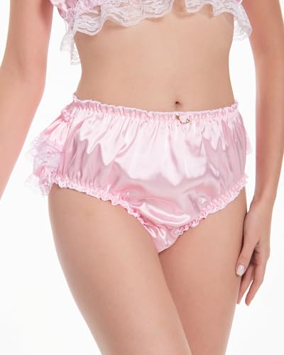 Satini Sissy Frilly Ruffled Lace Silky Satin Full Coverage Adult Diaper Cover Briefs Lingerie Underwear Panties2