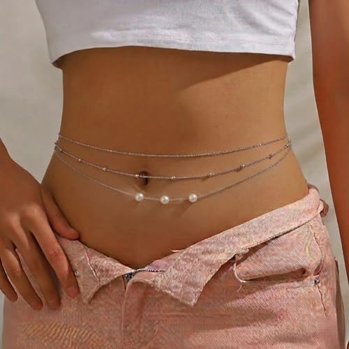 Image of Fabme Women's Waist Chain - Stylish Saree White Belly Chain - 3 Layer Body Hip Chain for the Waist Ladies Sexy Bikini Jewelry (26-42 In)