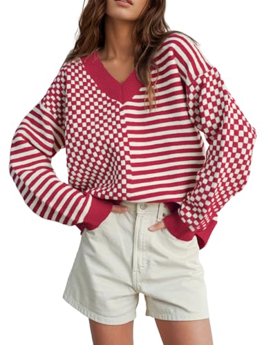 Image of UNCLECAT Womens Striped Checkered Sweater V Neck Fall Trendy Pullover Tops