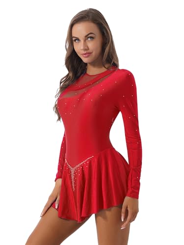 JanJean Women's Shiny Rhinestone Mesh Patchwork Lyrical Dance Costume Long Sleeve Figure Skating Dress Red X-Large