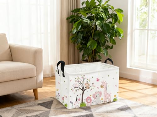 Image of Essme Rectangular Animal Baskets,Pink Storage Basket with Handles for Room Decor,Cute Storage Bin(Pink animal)