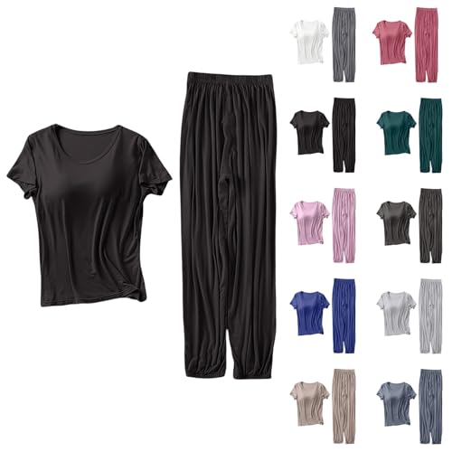 LZPCarra Hausanzug Damen Elegant Kurzarm Pyjama Damen Lang Baumwolle Weite Hose Nachtwäsche Sommer Set Loungewear mit BH Schlafanzüge Rundhals Sleepshirt Modal Zweiteilige Locker Sleepwear, café, M