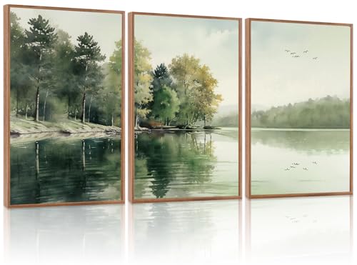 KAIRNE Framed Nature Canvas Wall Art Set,Misty Forest Wall Decor,Green