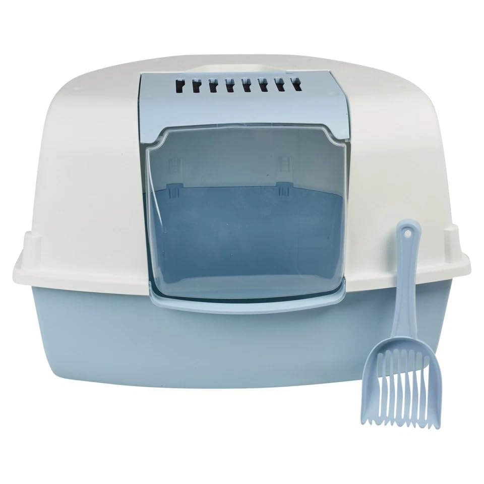 URBNLIVING Large Cat Corner Litter Box with Hooded Cover – Deep Tray Toilet with Flap, Built-In Filter & Scoop for Easy Cleaning (Light Blue)