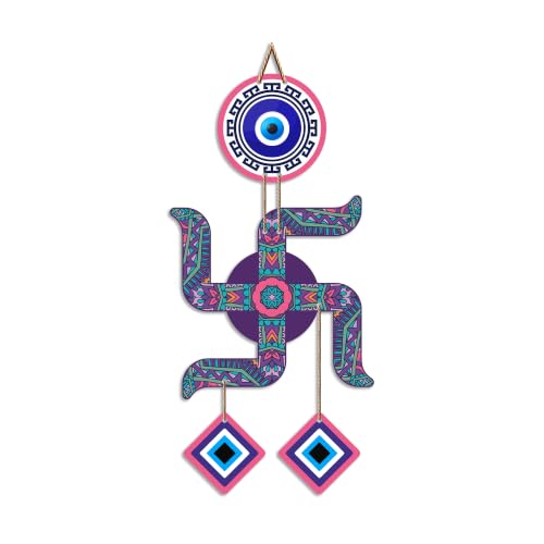 Image of Artvibes Swastik Evil Eye Wall Hanging for Home Entrance Door Decor | Sacred Hindu Swastik Symbol with Nazar Battu Protection for Positive Energy | Good Luck | Vastu & Spiritual Wall Art (WH 85108N)