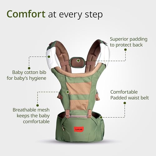 Image of LuvLap Royal Hip Seat Baby Carrier with 4 Carry Positions, Baby Carrier with Hip seat for 6 to 24 Months Baby, Adjustable New-Born to Toddler Carrier, Max Weight Up to 15 Kgs (Green) (Pack of 2)