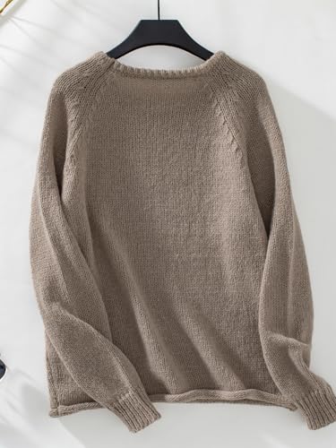 Image of Women Casual Long Sleeve Fall Sweaters Crew Neck Solid Color Soft Ribbed Knitted Curling Pullover