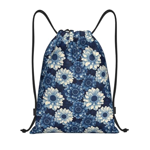 Drawstring Backpack - Blue Sunflower Print Sports Gym Sackpack String Bag For Women Men, Lightweight Draw String Back Bag For Workout Travel