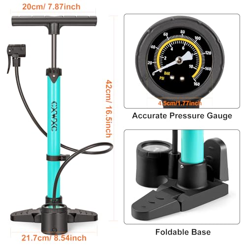 Bike Pump with Pressure Gauge- 160 PSI Bike Tire Pump fits Presta & Schrader Valve - Portable Air Pump for Bike Tires (Blue) by CXWXC - Image 3