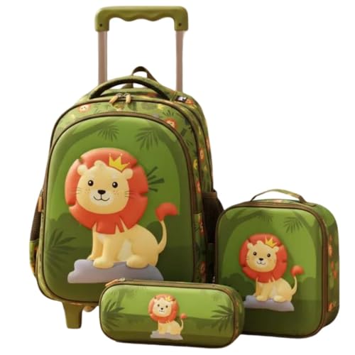 Mochila Infantil Escolar 3D Leão com Lancheira Térmica, Verde Selva, Alças Ajustáveis, para Crianças Bolso Garrafa