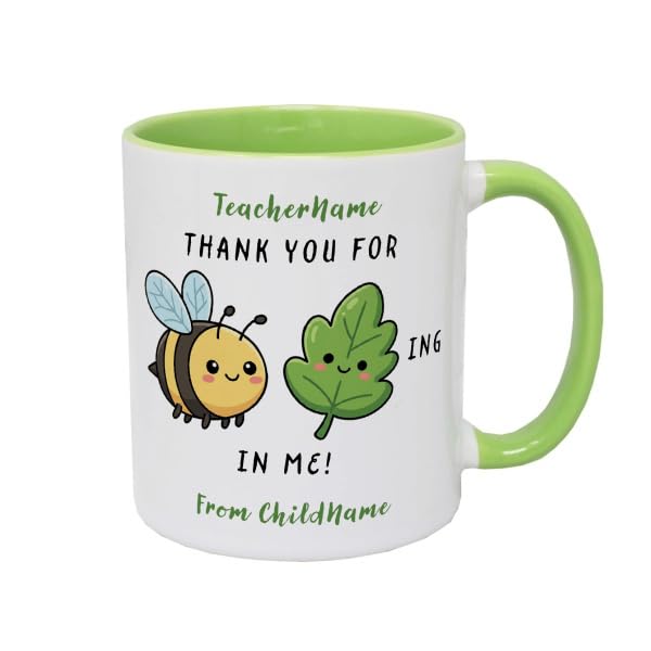 Personalised Teacher Mug – Bee-Leafing in Me – Best Teacher Gift, Add Name