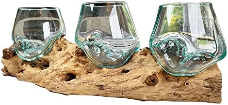 Darthome Triple 12cm Molten Glass Bowl with Tree Root Stand Hand Blown Wood Decoration