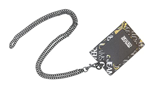 VERSACE JEANS COUTURE Black Gold Leather Baroque Brush Pattern Lanyard Cardholder2