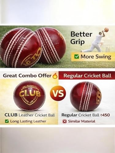 Image of (2nos) Premium Leather Cricket Ball - Club Grade, Genuine Alum Tanned Hide, Hand-Stitched Seam