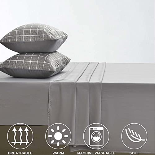 Queen Bed Sheet Set 4 Pcs, Grey Grid / Gray Plaid Geometry Pattern Soft Microfiber Bedding Sets - Flat Sheet 90X102, Fitted Sheet 60X80 And 14 Inch Pocket, 2 Pillowcases, Modern Style For Women Men #TOP3