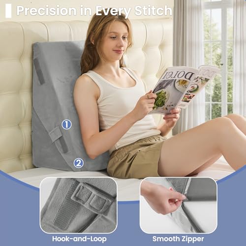 Sasttie Wedge Pillow for After Surgery, Adjustable Bed Wedge Pillow Headboard for Acid Reflux, Sleeping, Neck & Back Support, with Removable Cover, Light Grey & Velvet