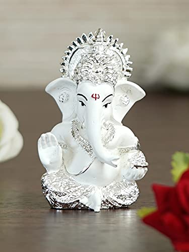 Image of eCraftIndia Silver Plated White Polyresin Lord Ganesha Idol for Home, Temple and Office - Perfect God Idol for Diwali, Ganesh Chaturthi, and Hindu Festivals, Ideal for Gift Giving