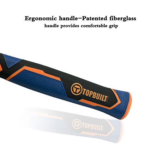 T Topbuilt Fiberglass Handle Ball Peen Hammer With Forged Steel Construction And Shock Resistant Non Slip Handle (24 Oz) #TOP4