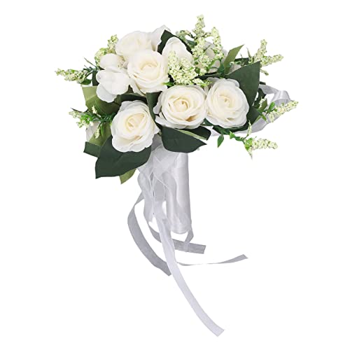 Ramo de Novia para Boda, Ramo de Boda Romántico, Ramo de Dama de Honor, Ramo de Mano con Flores Artificiales, Ramo de Lanzamiento para el Día de San Valentín, Ceremonia de Boda (Blanco lechoso)