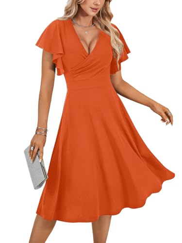 Image of LYANER Women's Warp V Neck Ruffle Short Sleeve A Line Swing Flared Cocktail Party Midi Dress