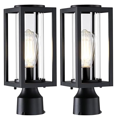Outdoor Post Lights Lamp Post Light Fixture 2 Pack, Modern Black Exterior Post Lantern Fixture with Tempered Glass, Anti-Rust Aluminum Light Posts for Outside for Driveway Patio Garden