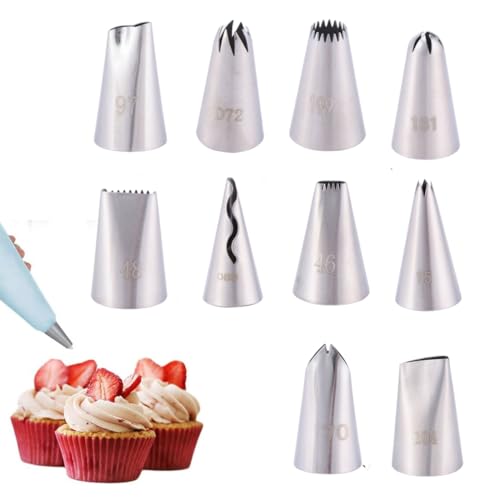 YAZWUR Set di 10 Beccucci per Sac a Poche Professionali, Beccucci Riutilizzabili in Acciaio Inox, Bocchette Decorative, Accessori per Decorare Cupcakes, Torte, Zeppole, Biscotti