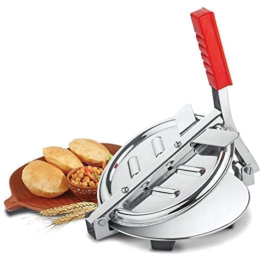 Image of Stainless Steel 6.5 inch Roti Press Maker Machine For Making Chapati, Puri, Khakhra, Papad, Pathiri and Manual Hand Press with Handle - Orange-Silver (Medium)