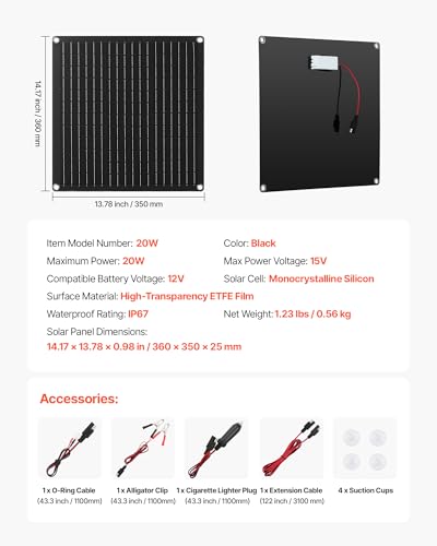 VEVOR 12V Monokristallines Solarpanel-Kit 20 W, Batterieladegerät mit integriertem Smart Controller & 3 Verbindungskabeln, tragbar für Wohnmobil, Auto, Motorrad, Boot, Van, Camper