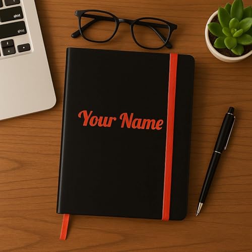 Image of Personalised PU Leather Diary - A5 Size Black Hardbound Notebook with Name Print & Matching Strap, 176 Pages 80 GSM Paper, Calendar, Memo Section, Ideal for Gifting