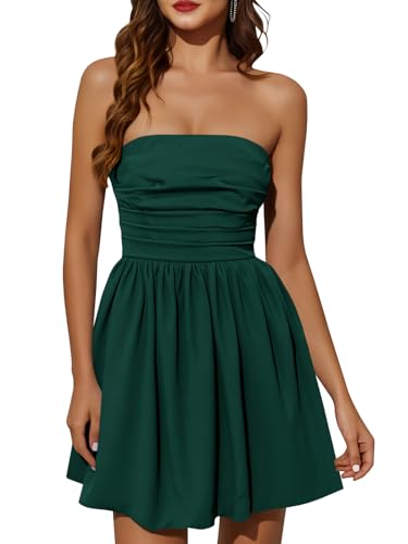Wenrine Women's Sexy Strapless Summer Mini Dress Sleeveless Smocked A Lined Bubble Wedding Club Party Dress Dark Green