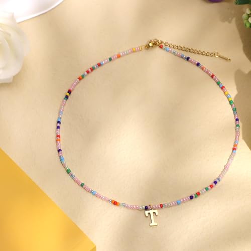 for Women Girls Letter PendantSummer Necklaces, Bohemian Beaded Necklace Colorful Beaded Initial Necklace Handmade Jewelry Gifts for Teens(T)3