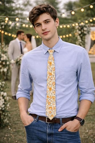 Image of BELLUNO Men's Cotton Floral Skinny Tie, 2.5 inch Width, with Gift Box