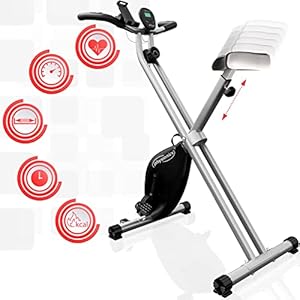 Physionics® Hometrainer, lcd-display, verstelbaar, inklapbaar, tot 120 kg, grijs, met transportwielen, hartslagmeter, telefoonhouder, ergometer, fietstrainer, hometrainer, fitnessfiets, fitnessfiets