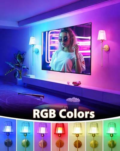 Image of Adetu 23 Inch Crystal Battery Operated Wall Sconce Set of 2 | Gold Rechargeable Wall Sconce with 10000mAh Magnetic Bulbs, RGB Dimmable Wireless Battery Wall Lights for Bedroom Living Room