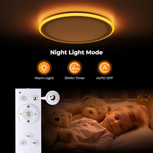 BLNAN Dimmable LED Ceiling Light with Remote Control, 2000K Nightlight, 24W Bathroom Lights Ceiling, 3000K-6500K Ceiling Lights for Bedroom, Kitchen, Living Room, Kid's Room, Round White 33CM - Image 6