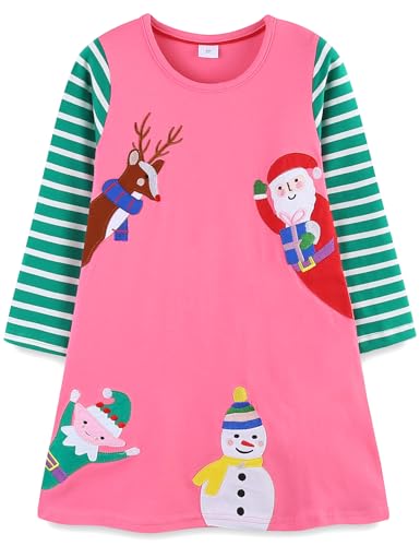 Bumeex Girl's Long Sleeve Dresses Cotton Christmas Cute Embroidery Applique Swing A-Line Casual Tunic Playwear 2-13 Years