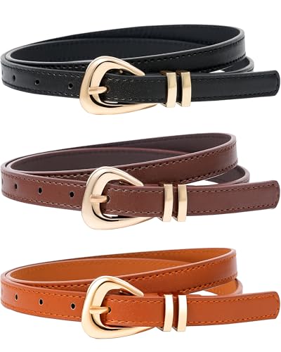 3 Pack Women Belts Leather for Jeans Pants Dresses Fashion Ladies Waist Skinny Belt with Gold Buckle