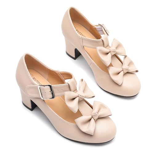 Women's Bow Heel Pumps Vintage T Strap Mary Jane Mid Chunky Heel Dress Shoes 7